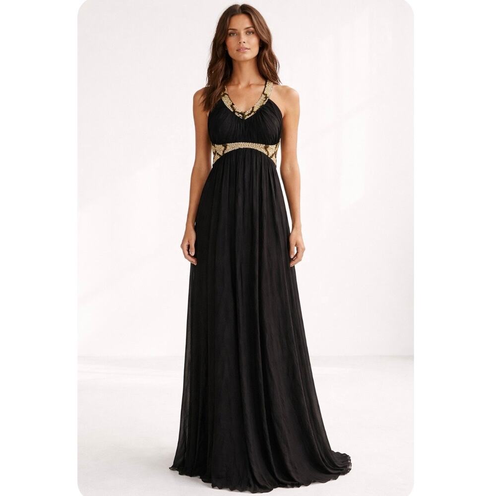 Vintage Nina Austin Black Silk Grecian Maxi Dress Beaded Animal Print Halter L